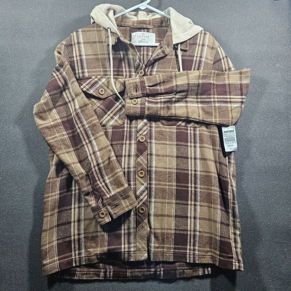 Empyre Holly Hooded Flannel Shacket Women’s L Brown Plaid NWT